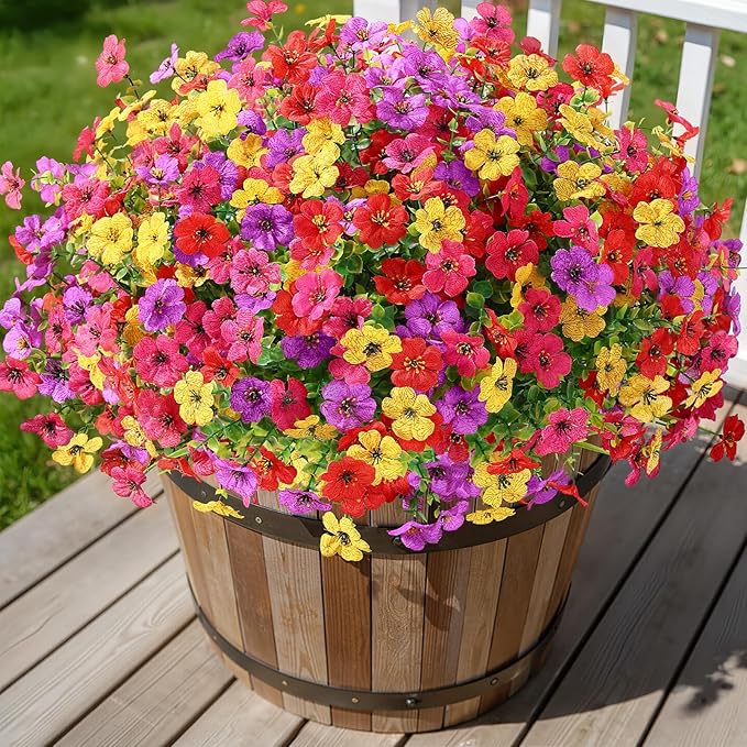 Alupssuc 24 Bundles Artificial Flowers for Outdoors Decoration, UV Resistant Silk Faux Daisy Flora Spring Fake Plastic Plants Greenery for Outside Indoor Yard Home Porch Window Box Decor, Mix 4 Colors