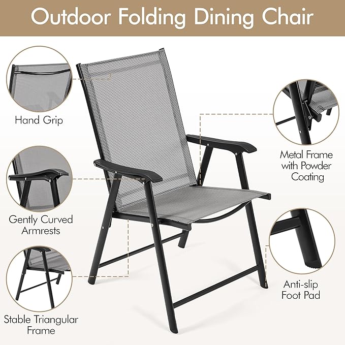 Yaheetech Patio Dining Chairs Set of 2 with Armrests, Outdoor Folding Chairs with Metal Frame and Backrest for Lawn, Garden, Yard and Poolside, Gray