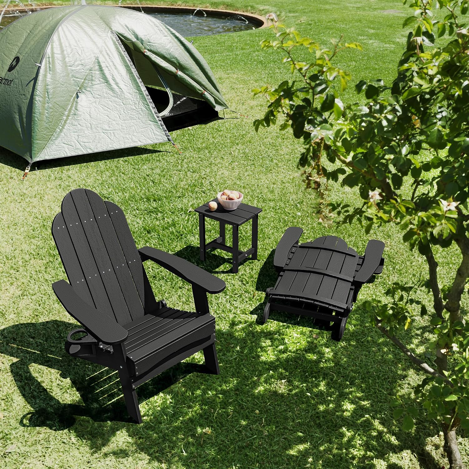 LUE BONA Folding Adirondack Chairs Set of 4, HDPS Fire Pit Chairs, Black | All-weather-resistant, ergonomic curved design, all-day comfortable sitting, HDPS Distinct texture & vibrant rich colors