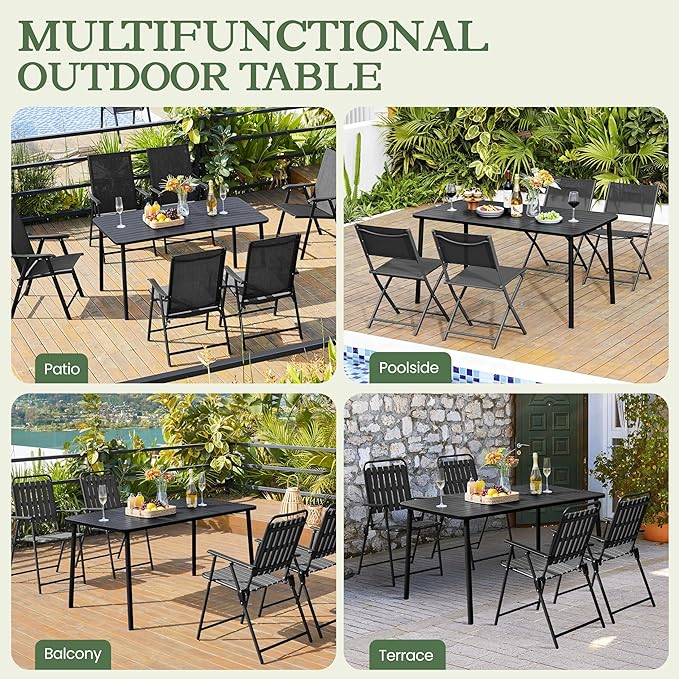 Yaheetech Outdoor Dining Table for 6 Person, Rectangular Slatted Metal Patio Table for Deck Garden Lawn Backyard Use, Black