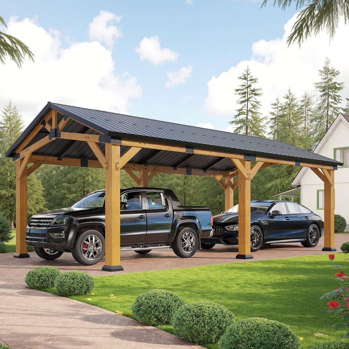 jocisland 12x24x9.5 ft cedar wood carport with galvanized, main product view