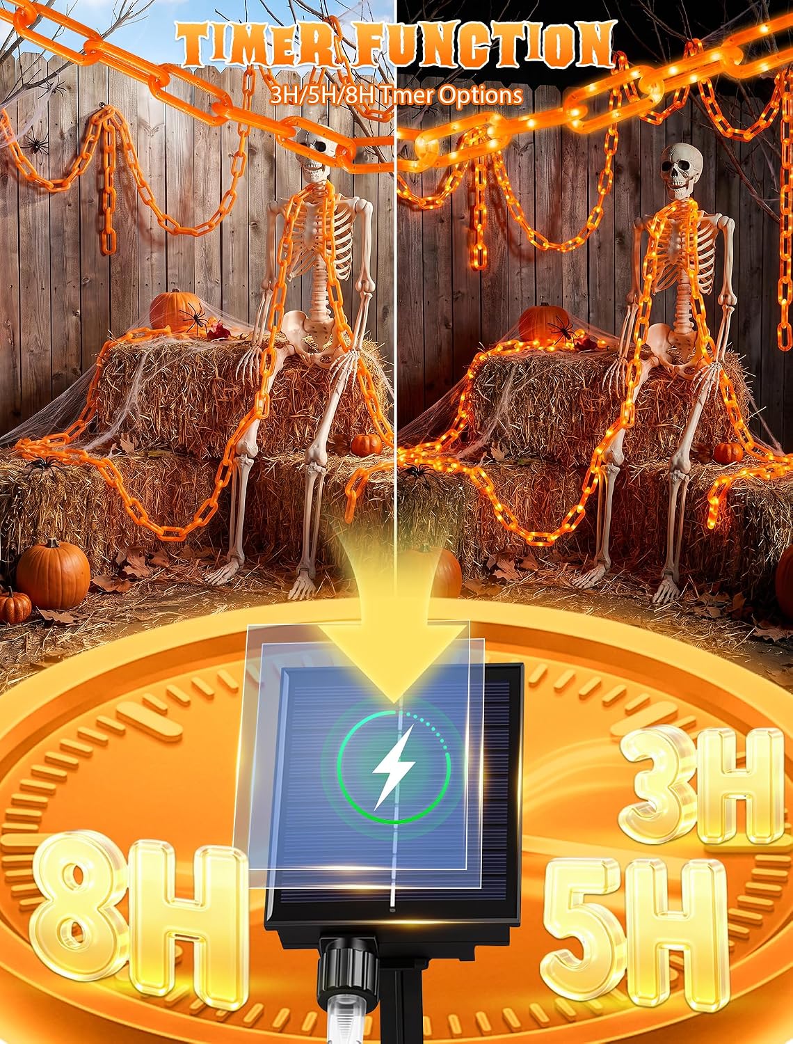 Solar Halloween Chain Lights, 10.4 FT 175 LED Orange Plastic Chain | String Lights with Remote, Waterproof Outdoor Spooky Glowing Halloween Decorations for Yard, Graveyard, Haunted House, Party