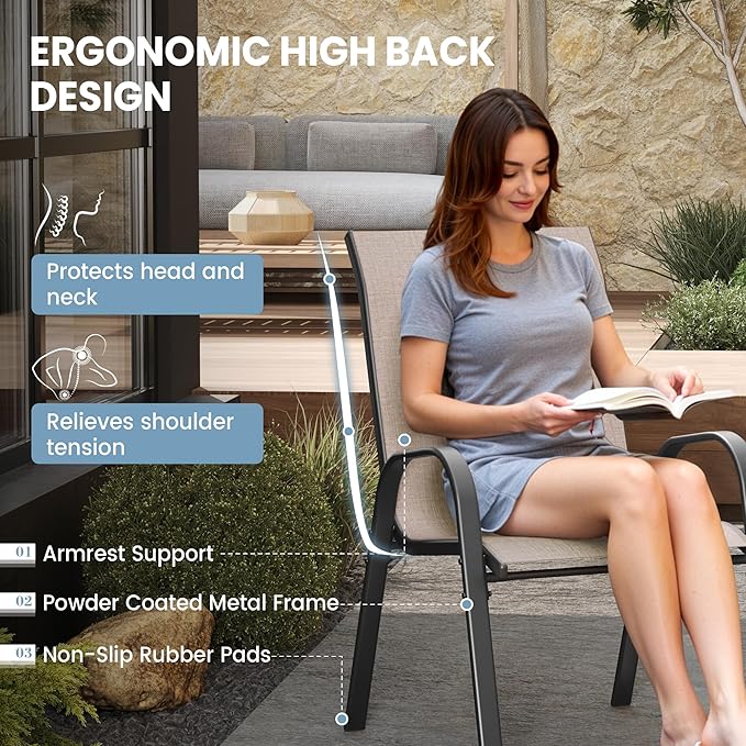 Patio Dining Chairs Set of 2, Outdoor Stackable Chairs, Breathable Seat and Alloy Steel Frame Fit for Backyard,Garden,Porch, Lawn，Poolside (Light Brown)