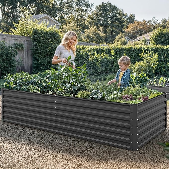 YITAHOME 8x4x2 ft 4pcs Galvanized Raised Garden Bed Kit, Large Metal Planter Box with Gloves, Safety Rubber & Support Rod, Outdoor Flower Bed for Plants Vegetables, Black