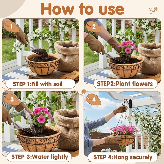 10 inch Metal Hanging Baskets For Plants Outdoor 4 Pack Round Metal Wire Hanging Basket Planter with Coco Fiber Liners Chain Round Wire Plant Holder for Garden, Patio, Deck, Porch Plants Flower Potsss