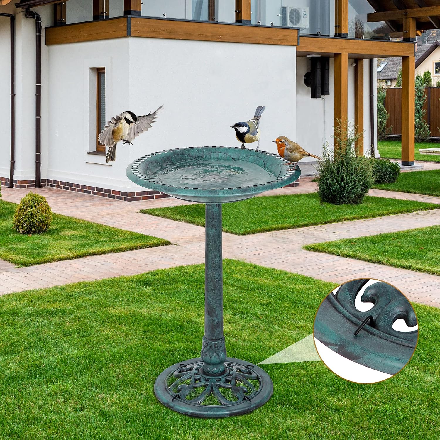 ZenStyle 28in Birdbaths Bowl Outdoor, Pedestal Bird Bath Vintage Outdoor Garden Accent Décor (Green)