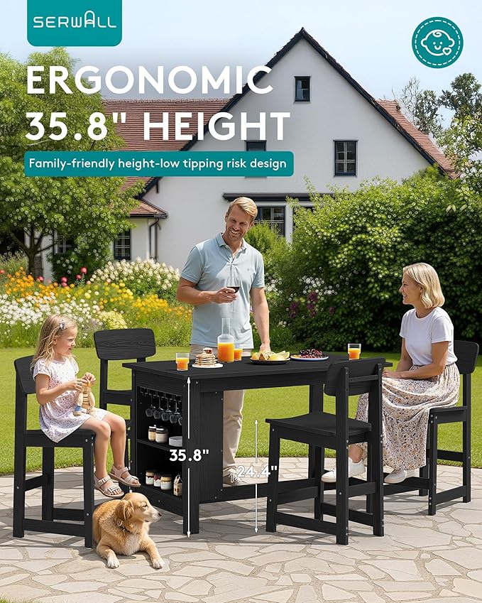 SERWALL Outdoor Bar Table, All Weather HDPE 36" Counter Height Dining Table with Storage and Wine Rack for Patio, Garden, Backyard, Balcony, Poolside, Black