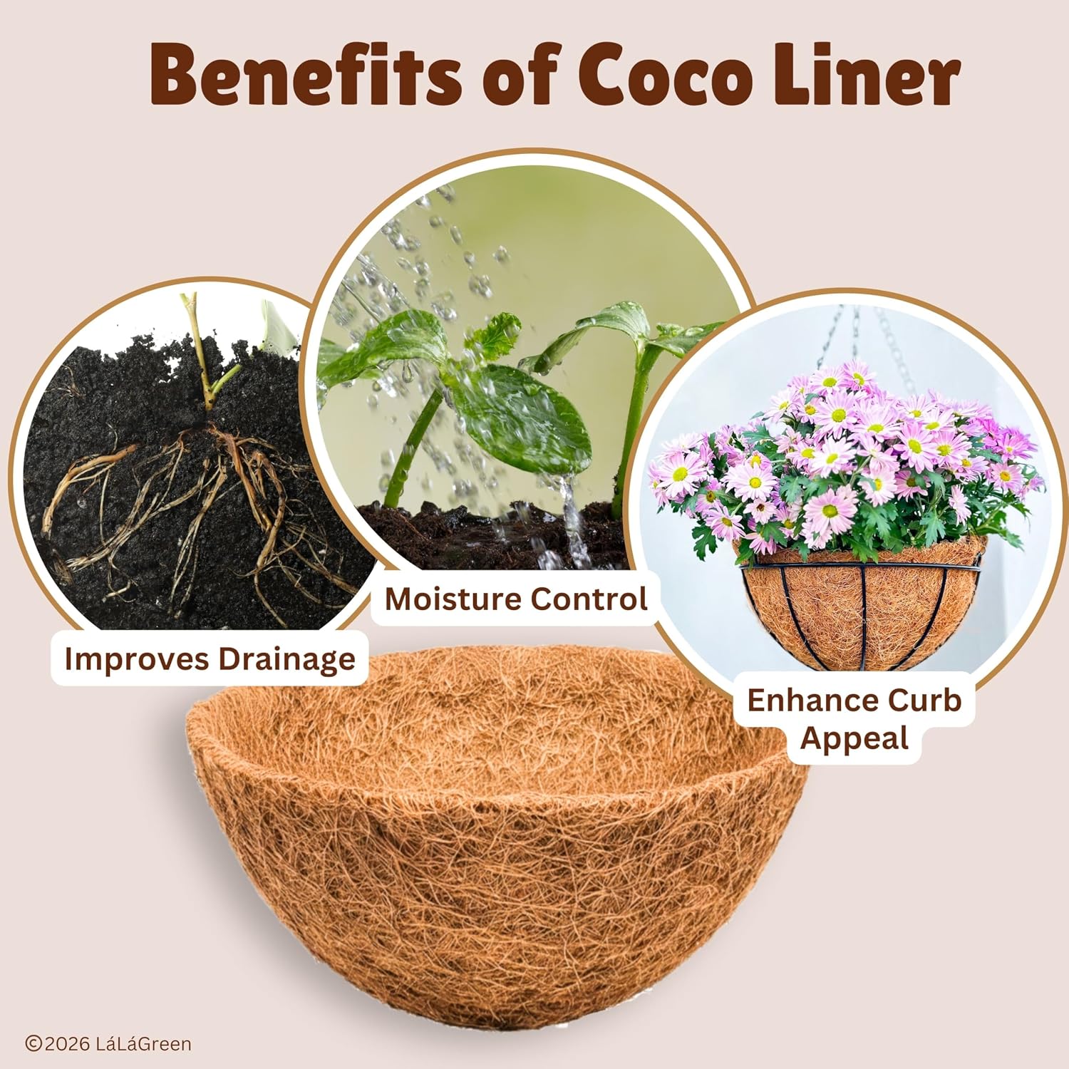LaLaGreen 8'' (4 Pack, Round) Coco Liners for Hanging Basket – Small Coir Fiber Replacement for Flower Pot, Garden Holder, DIY Outdoor Planter – Multi Sizes 10/12/14/16/18/20 Inch & Different Shapes