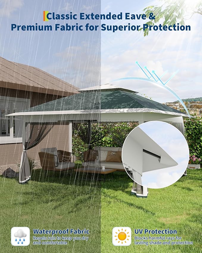 Canopy Tent 13x13 ft, Pop Up Gazebo One-Push Setup with 4 SandBags for Backyard Parties and BBQs, Mosquito Netting & Height Adjustable - Green