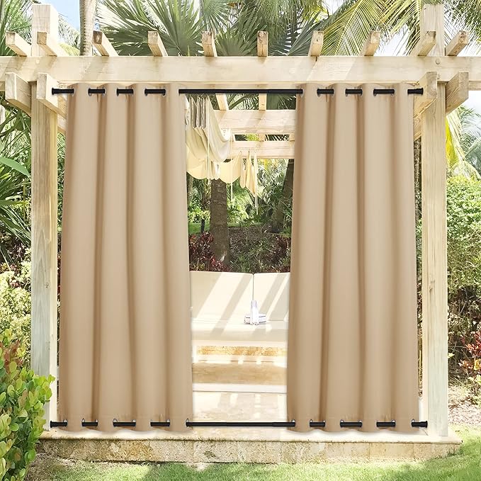 NICETOWN 2 Panels Outdoor Curtains for Patio Waterproof, Sunlight Block Rustproof Grommet Top and Bottom Windbreak Thick Enough Keep Sun/Rain Out for Deck, Biscotti Beige, W52 x L108
