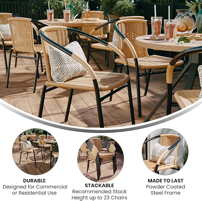 EMMA + OLIVER Set of 4 Modern Rattan Indoor/Outdoor Stack Chairs, Stacking Rattan Patio Chairs with Curved Back and Cross Bracing, Beige