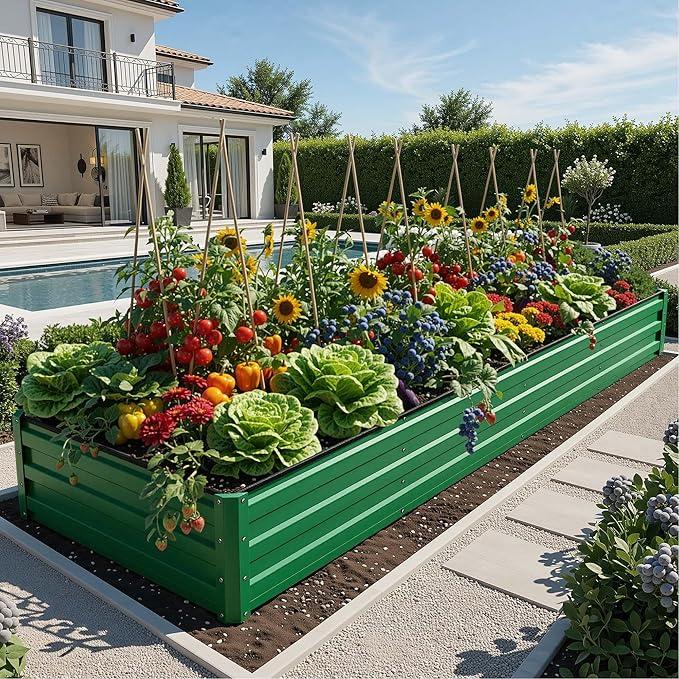 YITAHOME 12x4x1ft 2pcs Large Raised Garden Bed Kit, Galvanized Metal Planter Box with Gloves, Ground Nails, Support Rod, Outdoor Above Ground Planters for Plants Vegetables Flowers, Green