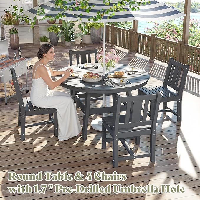 AMERLIFE 5 Piece HDPE Outdoor Dining Table & Chairs Set, All-Weather Patio Table and Chairs Set Furniture with Umbrella Hole for Garden, Backyard, Poolside, Seaside, Gray