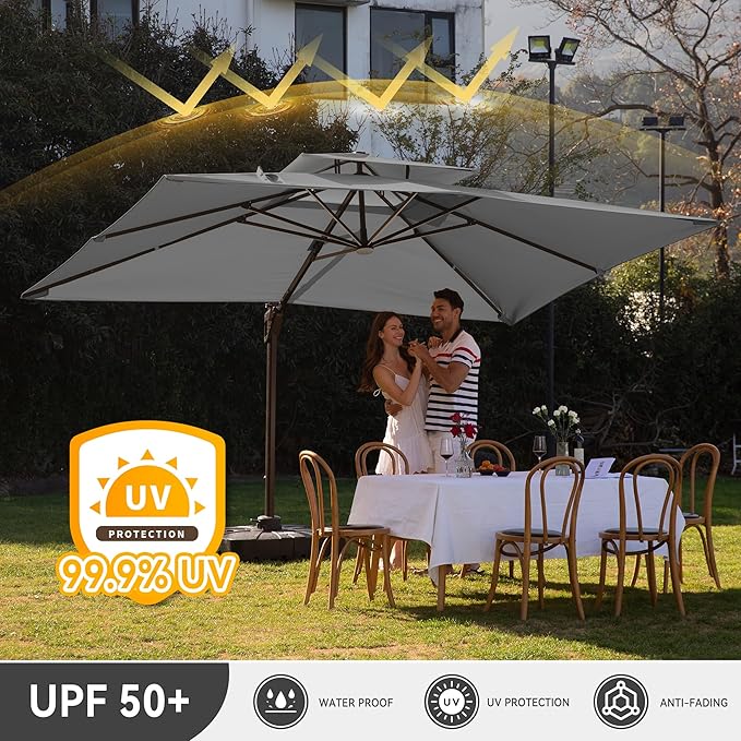 10 X 13 FT Cantilever Outdoor Patio Umbrella with Led Lights Large Heavy Duty 360° Rotation Double Top Offset Rectangular Umbrellas for Backyard Garden Pool Outside Deck, Grey