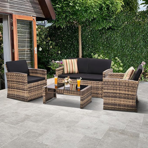4-Piece Patio Furniture Set, Wicker Outdoor Rattan Sectional Sofa with Cushions and Glass Table, All-Weather Outdoor Conversation Set, Ideal for Garden, Porch, Backyard, Black