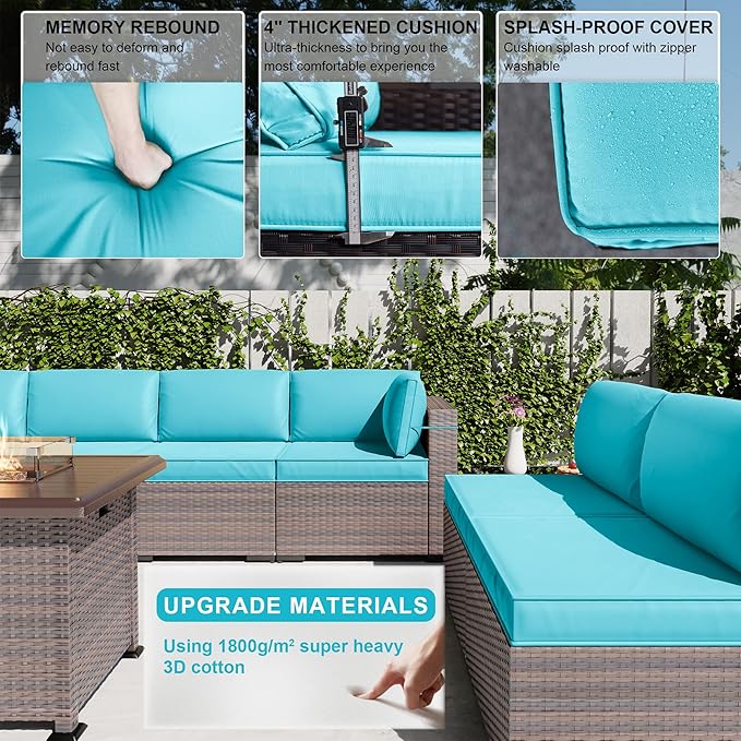Kullavik 15PCS Outdoor Patio Furniture Set with 43" 55000BTU Gas Propane Fire Pit Table PE Wicker Rattan Sectional Sofa Patio Conversation Sets w/8 Coner Sofas,Blue
