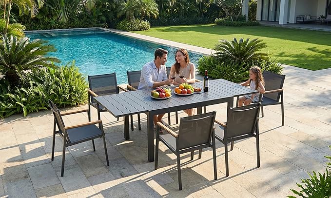 Expandable Outdoor Patio Dining Table Set for 6-8 Person, Aluminum Outdoor Table and 8 Chairs with Textilene Fabric & HDPS Armrest, All-Weather Patio Furniture Set for Yard, Deck, Gray
