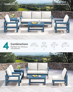 SERWALL HDPE Patio Furniture Set, 7-piece Outdoor Sectional Sofa Set, All Weather Outdoor Couch Set for Deck, Lawn, Blue Frame with Khaki Cushion