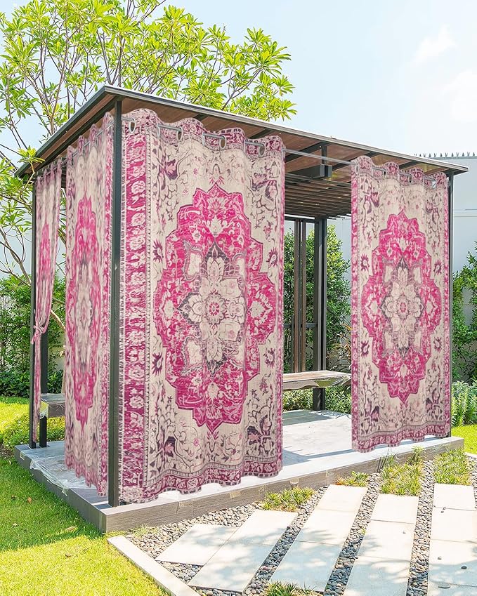 Pink Bohemian Outdoor Curtains for Patio Waterproof, Grommet Privacy Curtain Drapes Weatherproof Outside Curtains for Porch GazeboPergola Cabana 2 Panel 54x95inch Medallion Floral Geometric Printed