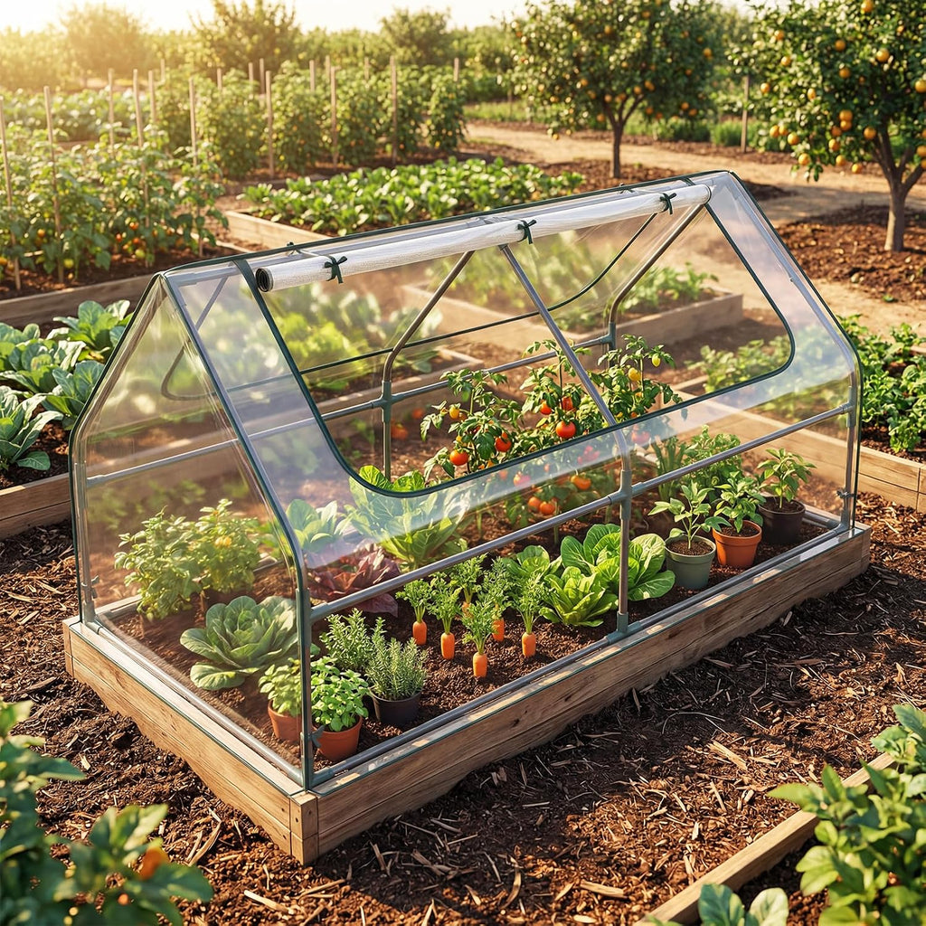 giantex 3-in-1 metal raised garden bed with greenhouse, side view