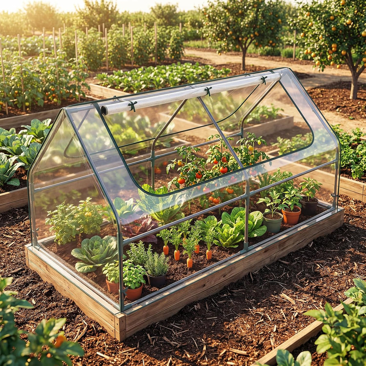 giantex 3-in-1 metal raised garden bed with greenhouse, side view