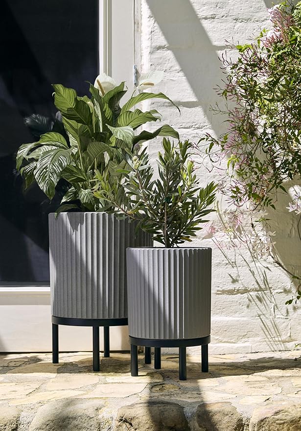 Veradek Demi Series Round Planter w/Stand for Porch/Patio | Durable Plastic-Stone Composite & Wooden Stand | Modern Décor for Tall Plants, Flowers