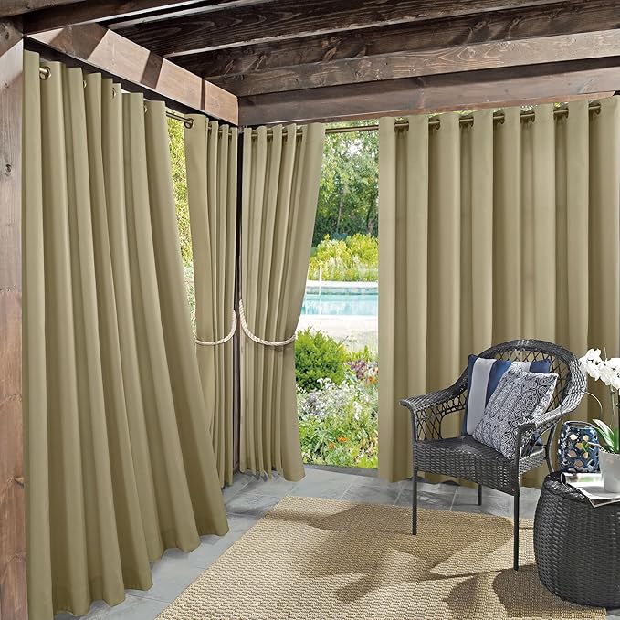 Sun Zero Marina Indoor/Outdoor UV Protectant Energy Efficient Grommet Curtain Panel, 54" x 95", Khaki