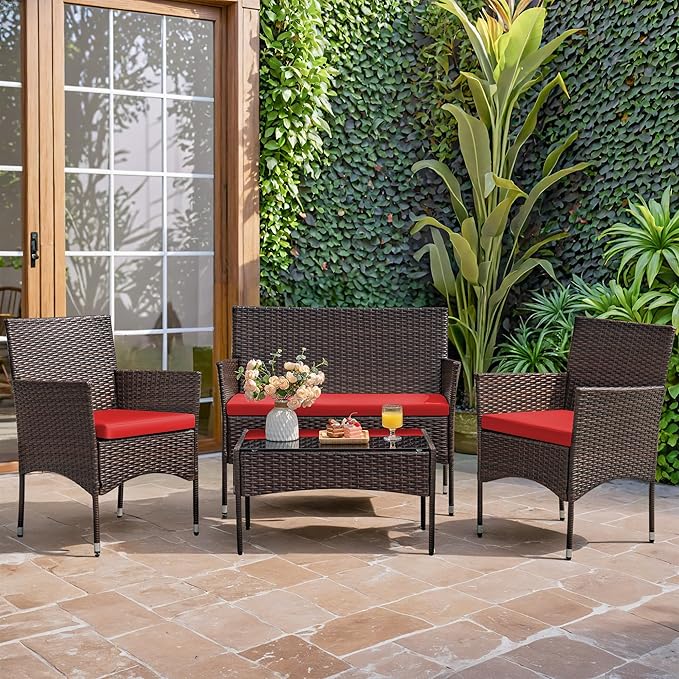 Homall 4 Pieces Patio Rattan Chair Wicker, Outdoor Indoor Use Backyard Porch Garden Poolside Balcony Furniture Sets (Red)