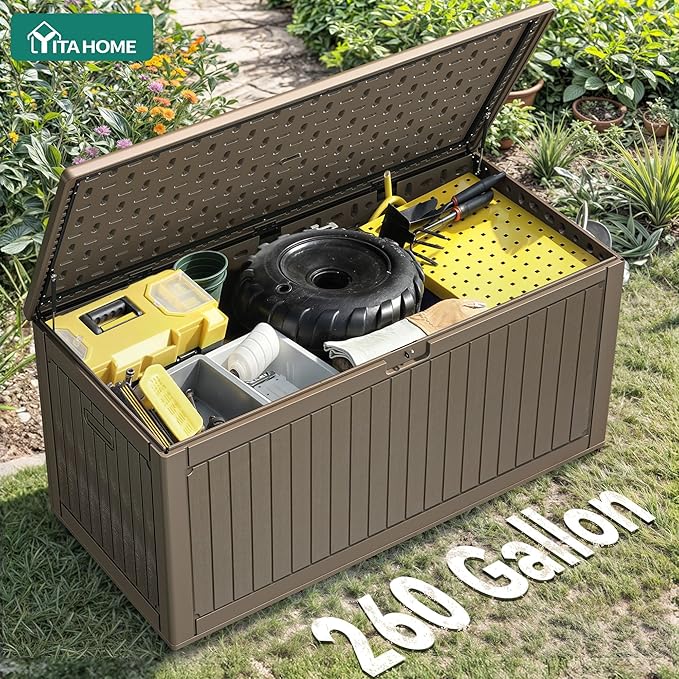 YITAHOME 260 Gallon Large Deck Box with Divider & Side Handles, Outdoor Double-Wall Storage for Patio Furniture Cushions, Garden Pool Accessories, Waterproof & Lockable