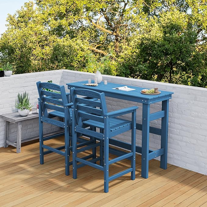 SERWALL Outdoor Bar Table and Chairs Set, Adirondack Bar Chairs Set of 2 and Bar Height Table, All Weather HDPE Patio Bar Set, Outdoor Furniture for Outside, Blue