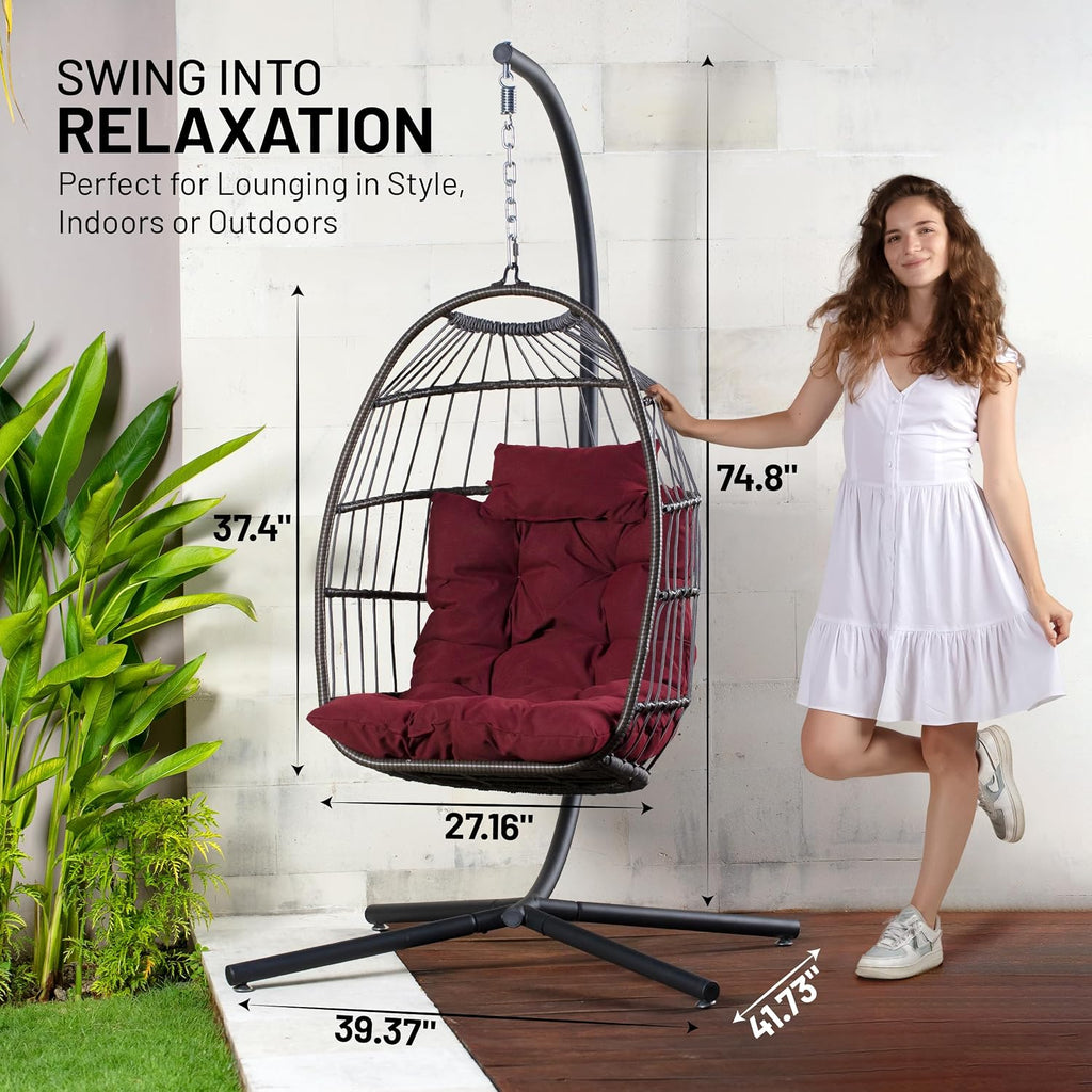 SereneLife Hanging Egg Chair w/Stand - Wicker Rattan Swing, Padded Cushion | Foldable Design, Weather-Resistant Cushion & Padded Headrest Included, 350 lb Capacity, Great for Patio, Backyard & Bedroom.