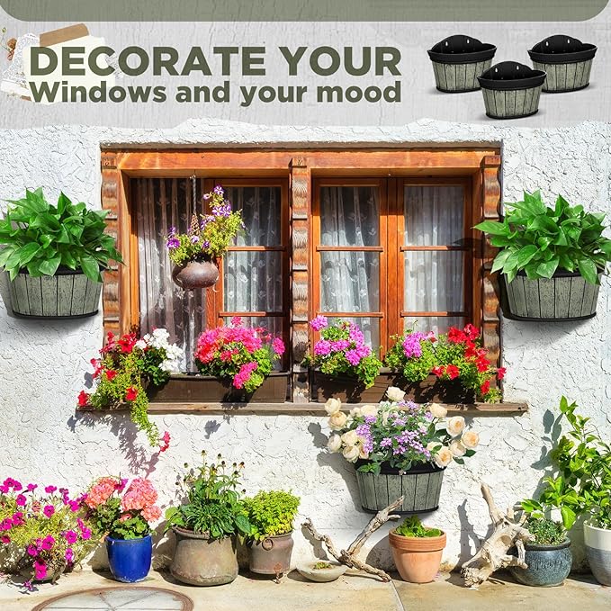 Layhit 6 Pcs Wall Hanging Planters Outdoor Pot Planter Wine Barrel Planter Distressed Oak Thickened Plastic Water Storage Flower Pots for Flower Indoor Outdoor(10 Inches,Grey Green, Brown, Black)