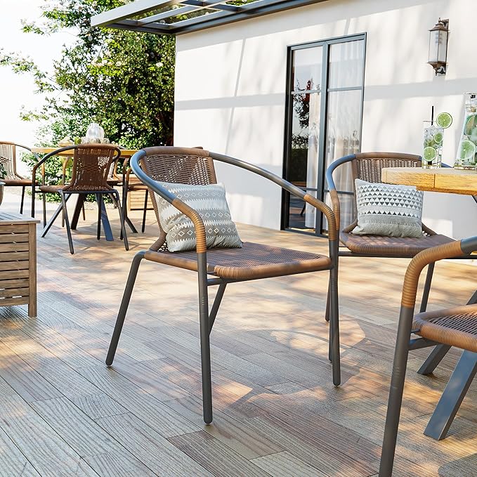 Amopatio Outdoor Dining Chairs Set of 6, Rattan Wicker Patio Chairs, Stackable Indoor-Outdoor Chairs, Bistro, Deck, Yard, Porch, 6 Pack, Brown