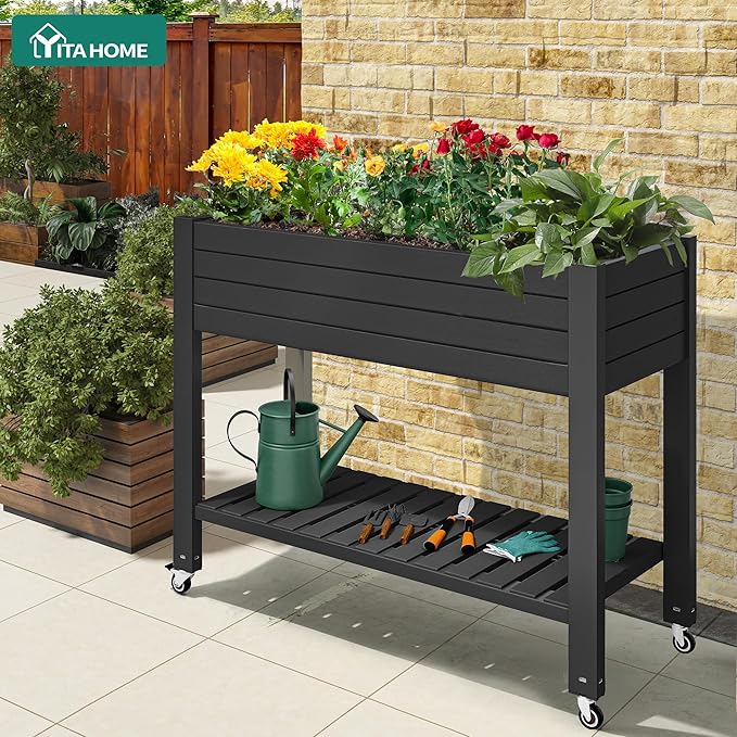 YITAHOME 3.6x1.5x2.8 FT Elevated Garden Bed Kit with Legs and Wheels, Outdoor Large Resin Planter Box Stand with Drain Plug and Storage Shelf for Plants Vegetables Fruits, Black