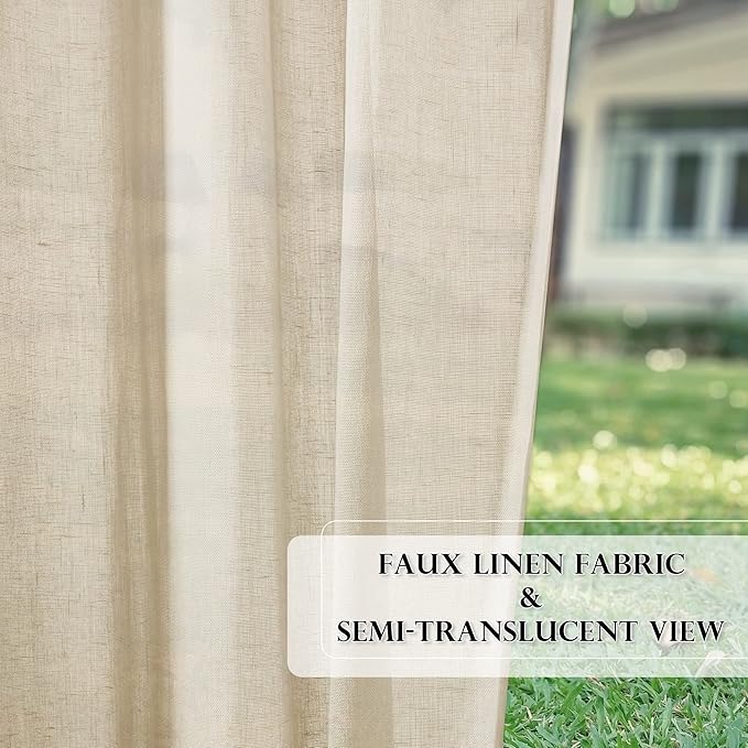RYB HOME 2 Panels Outdoor Sheer Curtains for Patio Waterproof - Natural Linen Privacy Added Light Filtering Drapes with Tie Ropes for Gazabo Porch Pergoa Balcony, 52 X 84 Inches, Beige