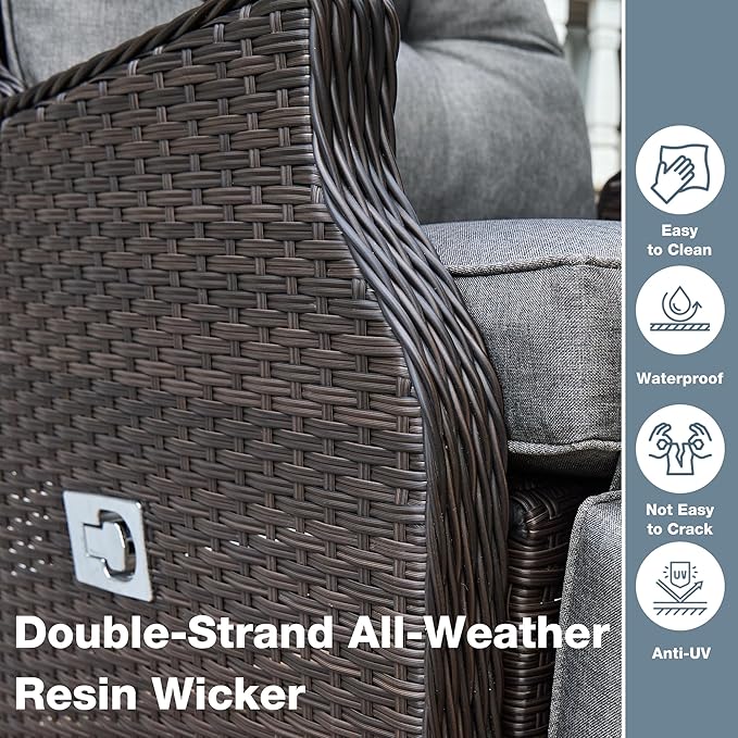 Outdoor Indoor Wicker Recliner with Adjustable Back and Footrest, Patio Reclining Chair with Flip-up Table, Outdoor Rattan Lounge Chair, Grey