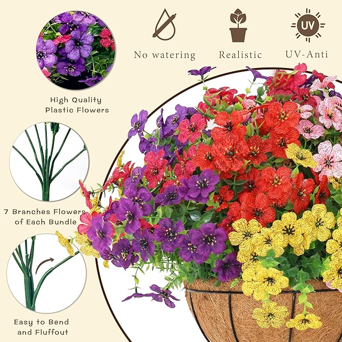 Senjie 12 Bundles Artificial Hanging Flowers with Basket for Outdoor Decor, UV Resistant Faux Flowers Fake Hanging Planter for Porch Patio Balcony