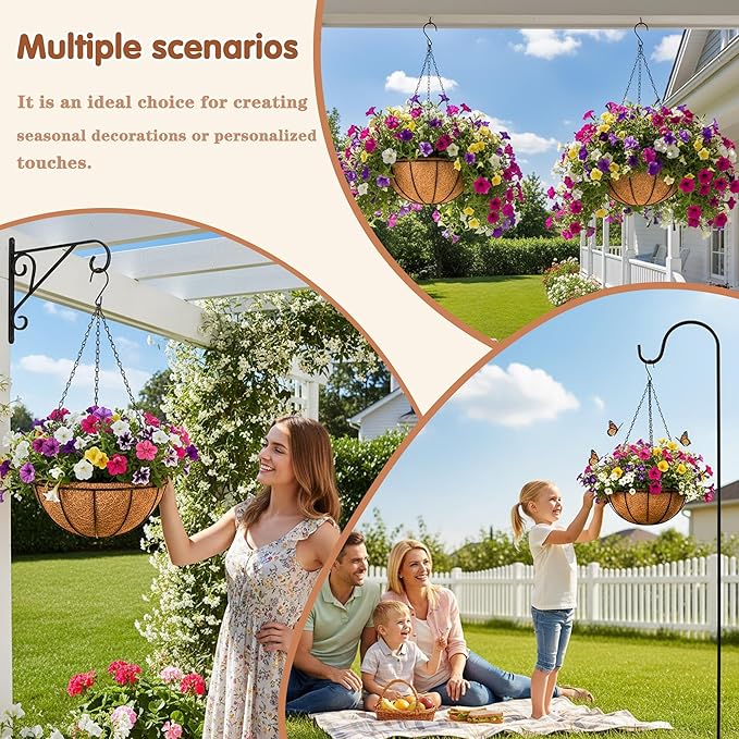 14 inch Metal Hanging Baskets For Plants Outdoor 4 Pack Round Metal Wire Hanging Basket Planter with Coco Fiber Liners Chain Round Wire Plant Holder for Garden, Patio, Deck, Porch Plants Flower Potss