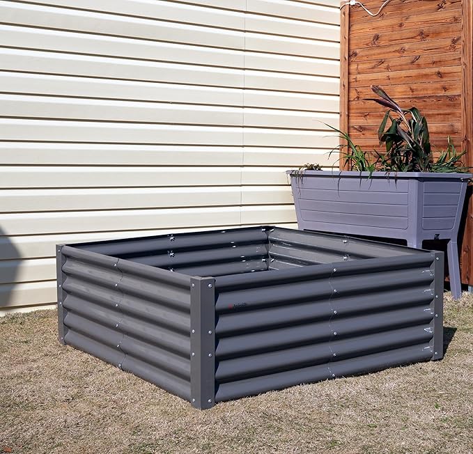 A ANLEOLIFE Set of 8,18 Inch Tall Quartz Grey Raised Garden Beds Kit, L-Shaped & Square Metal Planters –Ideal for Structured Backyard Layouts.