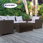 Suncast Outdoor Storage Box - 73 Gallon Mocha Brown Deck Box for Patio, Waterproof Outdoor Storage Bench, Resin Wicker Style, Heavy-Duty, Lockable Lid for Cushions, Shoes, Pool & Garden Gear