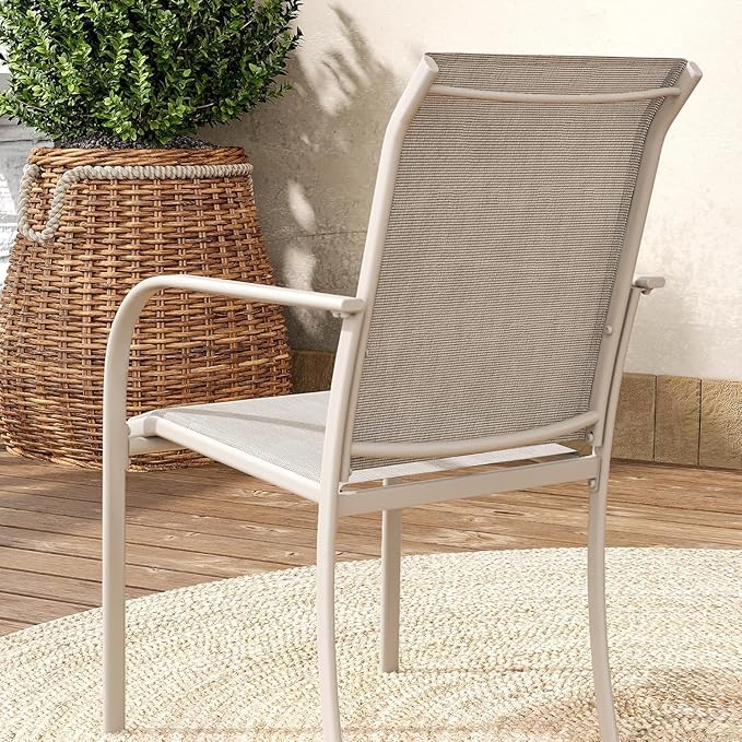 VICLLAX 5 Pieces Patio Dining Set for 4, Outdoor Furniture Set Includes 40.7" Round Patio Table and 4 Patio Stackable Chairs, Grey Wood Grain Tabletop and Sandshell Fabric