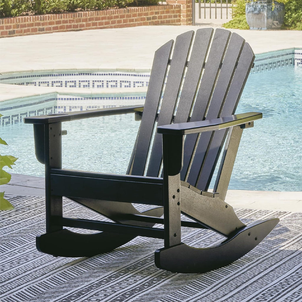 Signature Design by Ashley Adirondack Patio Rocking Chair, Black | All-weather HDPE rocking chair, Durable weather resistant material, 250 lb capacity, Built-in cup holder, Sundown Treasure