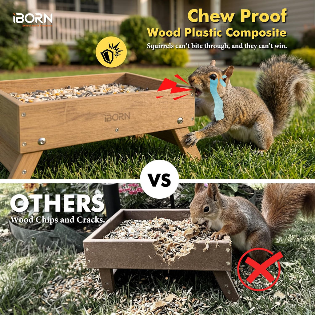 iBorn Ground Bird Feeder, Bird & Squirrel Platform Feeder for Outdoors, WPC Recycled Plastic, 3LB Large Capacity, Raw