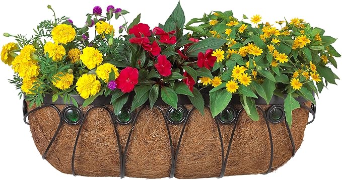 Arcadia Garden Products Hanging Window Basket Metal Trough Flower Planter with Coco Liner for Outdoor Windowsill, Railing, Patio, Garden, Balcony, Fence, 24-inch
