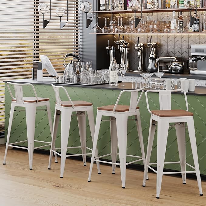 Yongchuang 24 inch Barstools Set of 2 Counter Height Bar Stools Farmhouse Kitchen Metal Bar Chairs with Wood Seat Low Back Cream White