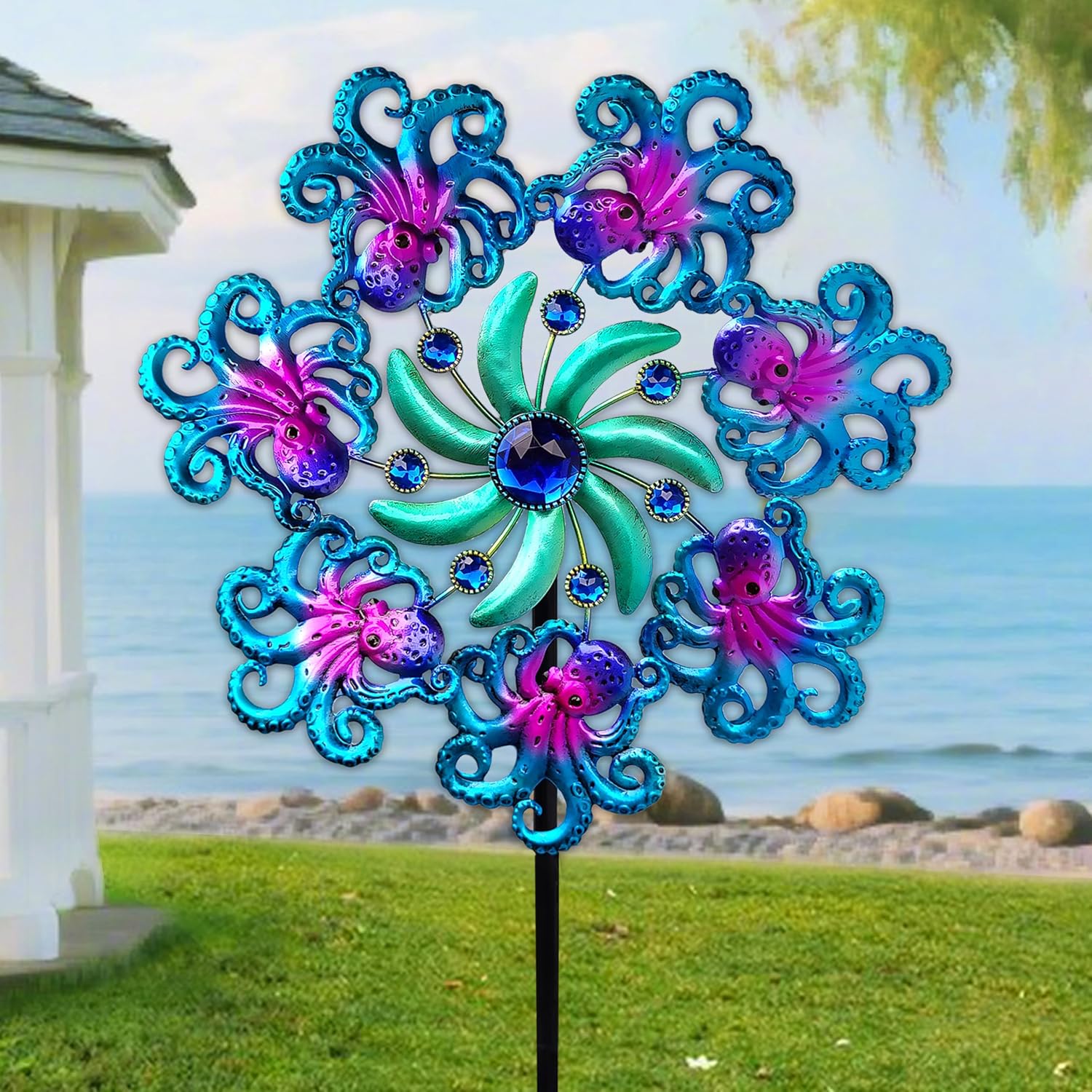 COOZZYHOUR 39" Octopus Wind Spinners for Yard and Garden Stake,Ocean Theme Outdoor Decor - Metal Windmill, Wind Sculpture Decorations for Patio,Lawn