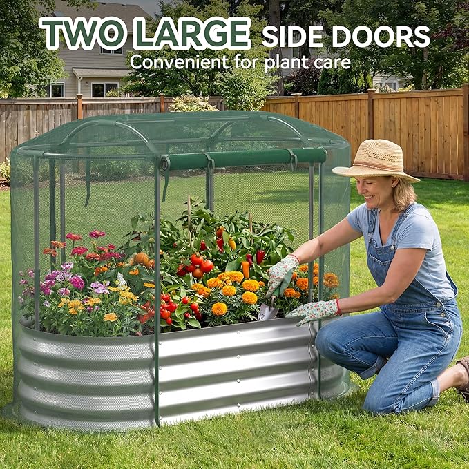 Raised Garden Bed with Self-Watering System, 4x2x1 ft Elevated Planter Boxes Outdoor with Mesh Cover, Oval Galvanized Raised Beds for Gardening,Vegetables,Flowers, Backyard, Patio