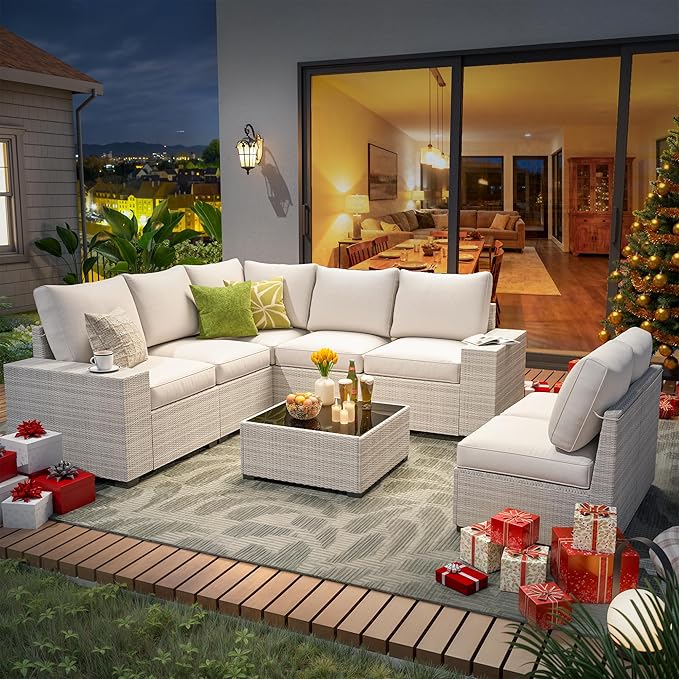 9 Piece Outdoor Patio Furniture Set with 28'' Fire Pit Table, Outdoor Sectional Furniture, Rattan & Wicker Modern Modular Conversation Set Sofa Couch W/Water Resistant Washable Thick Cushions, Beige