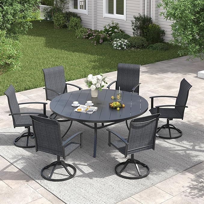 VICLLAX 50" Outdoor Round Patio Table with Umbrella Hole, All Weather Metal Round Outdoor Dining Table for Lawn Garden, 6-8 Person Table, Black
