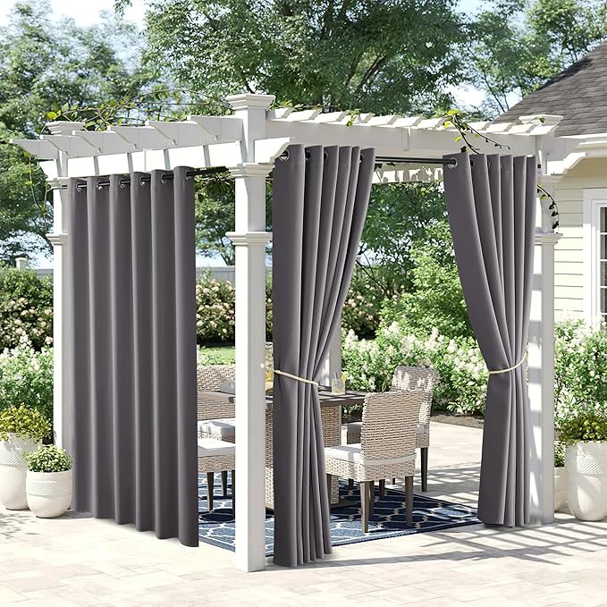 NICETOWN 2 Panels Outdoor Curtains for Patio Waterproof Extra Long, Rust-Proof Grommet Blackout Thermal Insulated Privacy Heat Blocking Outdoor Drapes for Cabana/Porch/Gazebo, Grey, W84 x L108